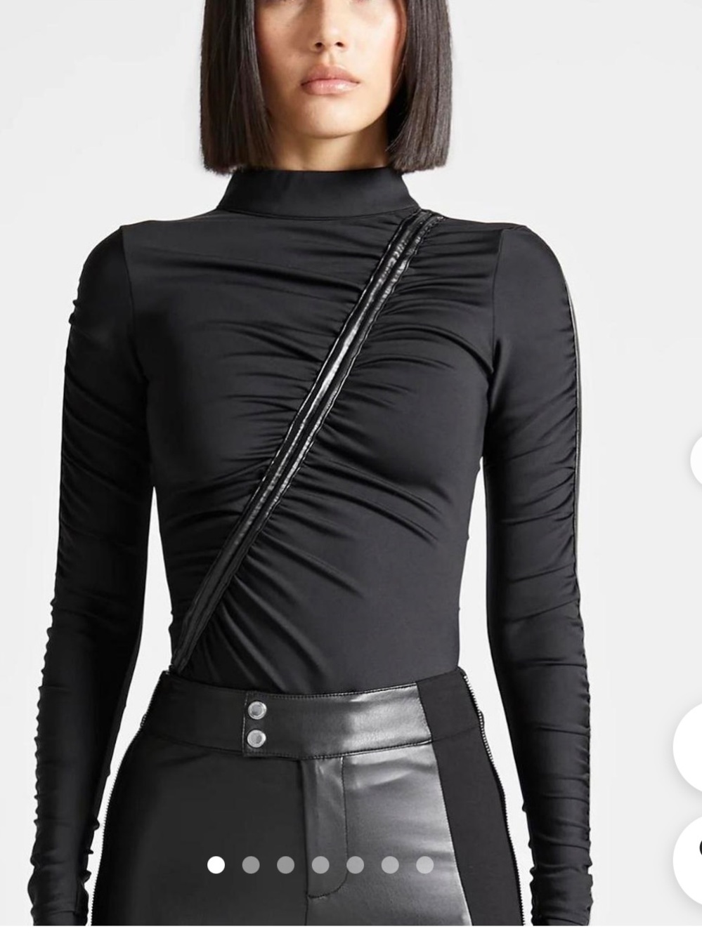 Maniere De Voir Black Diagonal Ruched Long-Sleeve Thong Bodysuit Mid Neck